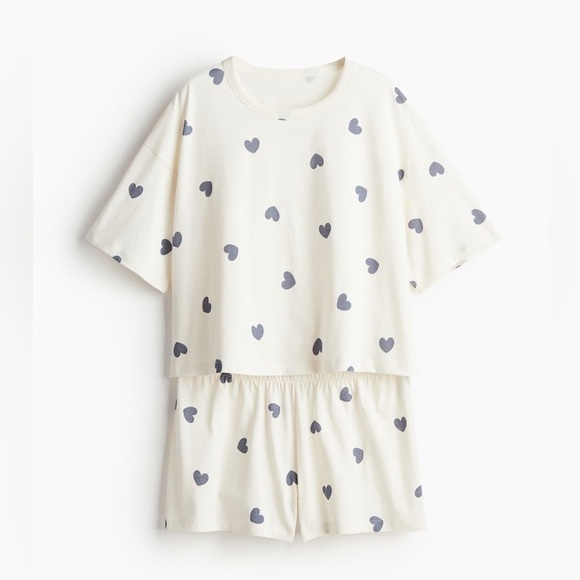 H&M Cotton PAJAMA T-SHIRT AND SHORTS White/ blue, Patterned, Hearts size M - Picture 2 of 2